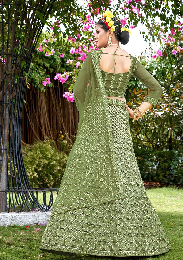 Mehendi Embroidery Net Lehenga Set - Indya
