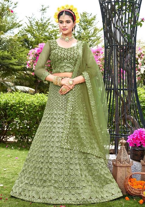 Mehendi Embroidery Net Lehenga Set