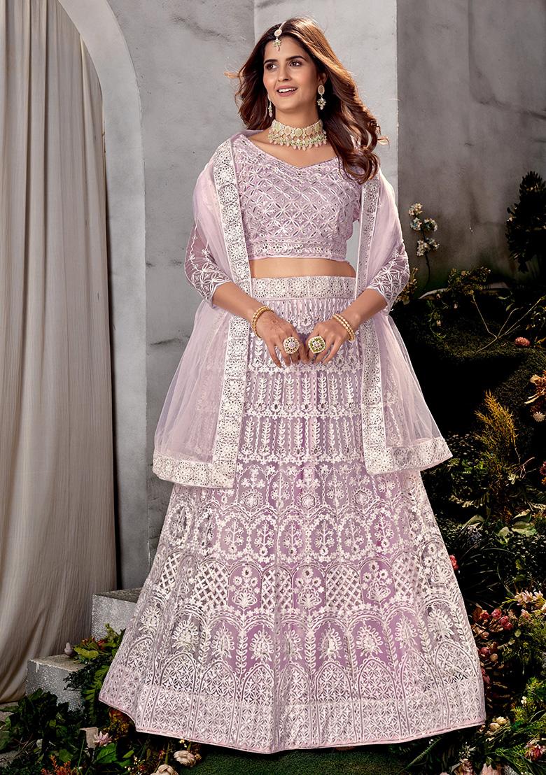Lavender Embroidery Net Lehenga Set - Indya