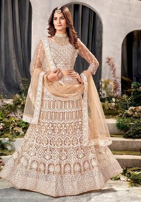 Cream Embroidery Net Lehenga Set