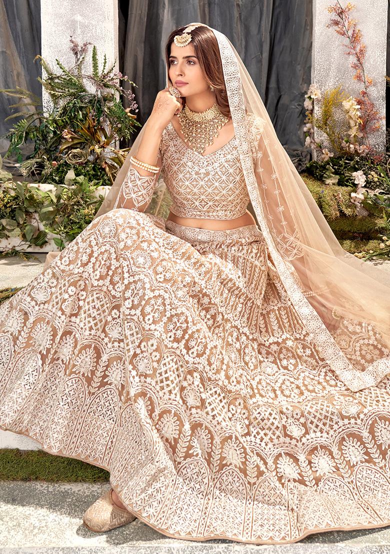 Cream Embroidery Net Lehenga Set - Indya