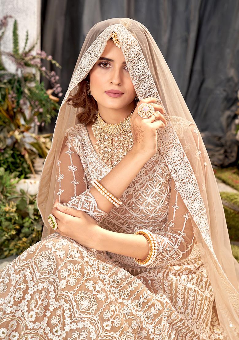 Cream Embroidery Net Lehenga Set - Indya