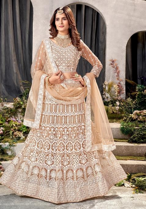 Cream Embroidery Net Lehenga Set