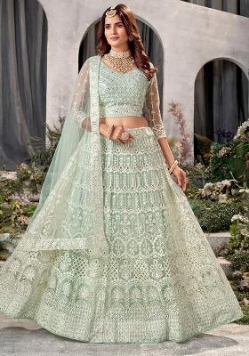 See Green Embroidery Net Lehenga Set