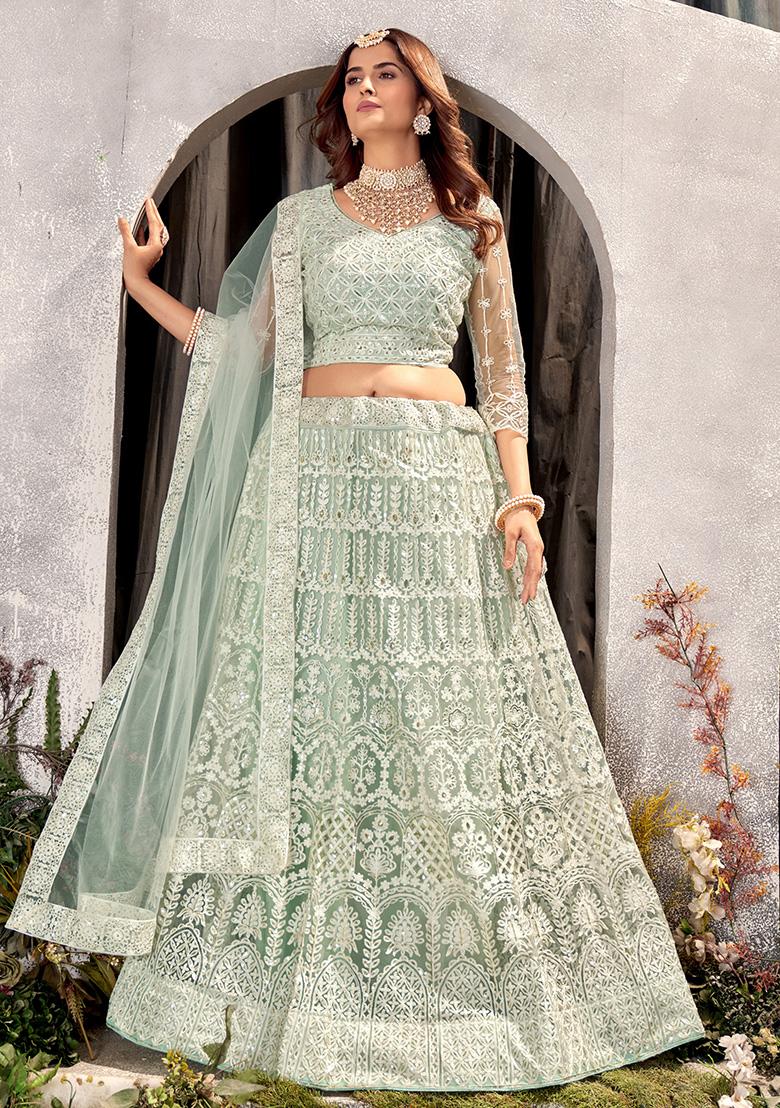 See Green Embroidery Net Lehenga Set - Indya