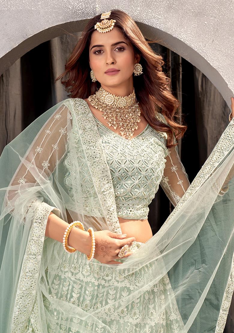 See Green Embroidery Net Lehenga Set - Indya