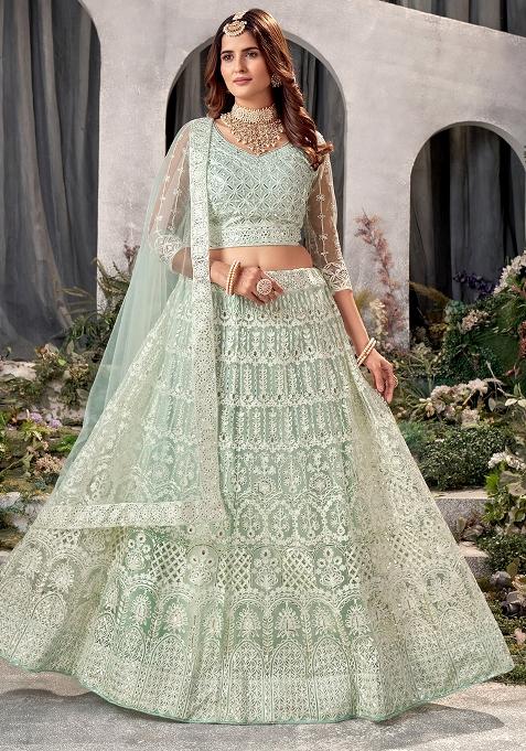See Green Embroidery Net Lehenga Set