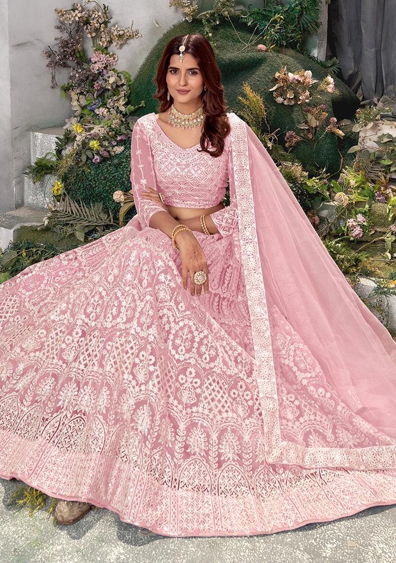 Pink Embroidery Net Lehenga Set - Indya