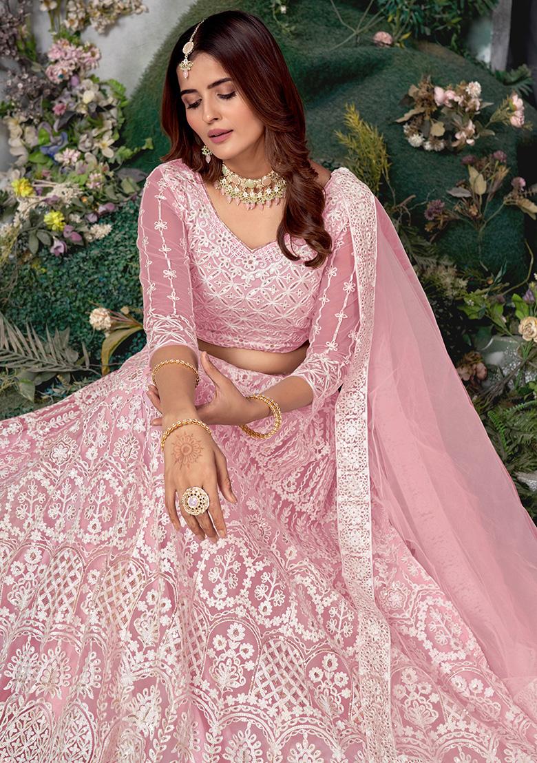 Pink Embroidery Net Lehenga Set - Indya