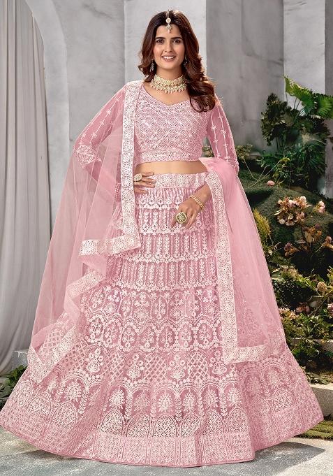 Pink Embroidery Net Lehenga Set
