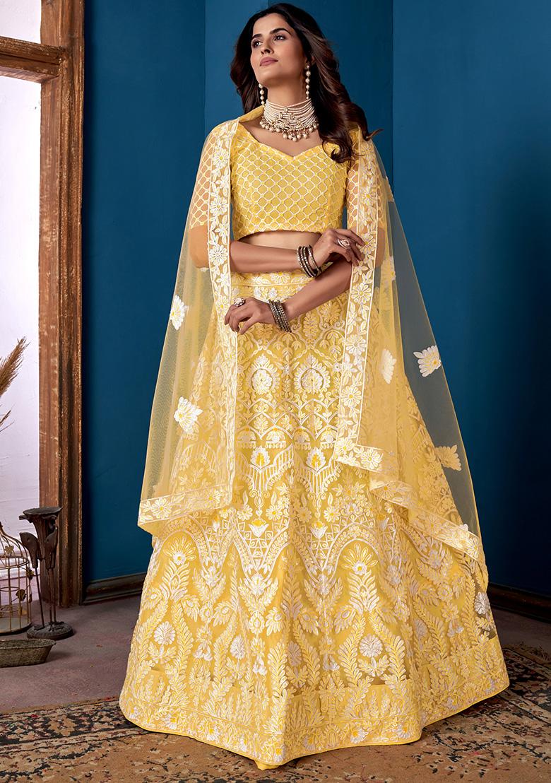 Yellow Embroidery Net Lehenga Set - Indya