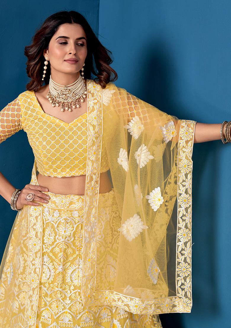 Yellow Embroidery Net Lehenga Set - Indya