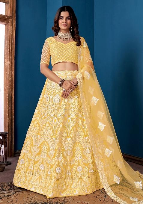 Yellow Embroidery Net Lehenga Set