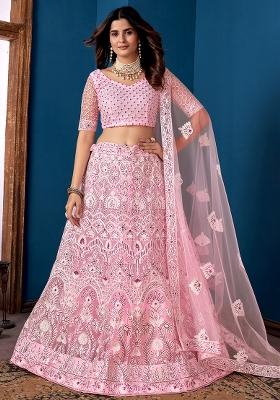 Pink Embroidery Net Lehenga Set