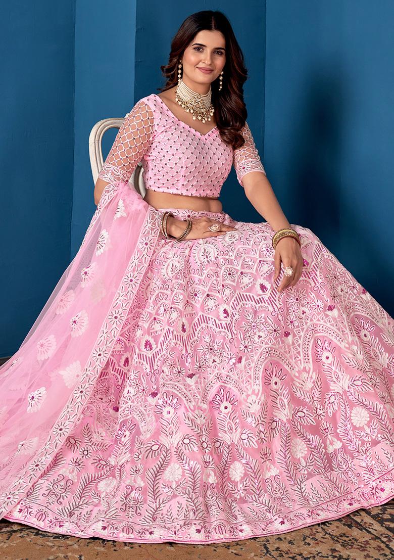 Pink Embroidery Net Lehenga Set - Indya