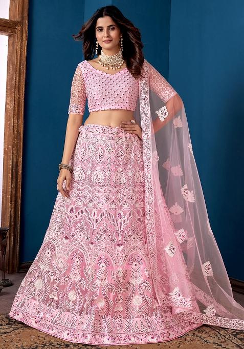 Pink Embroidery Net Lehenga Set