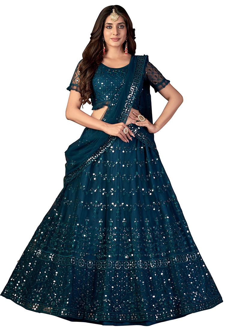 Teal Blue Embroidery Net Lehenga Set - Indya