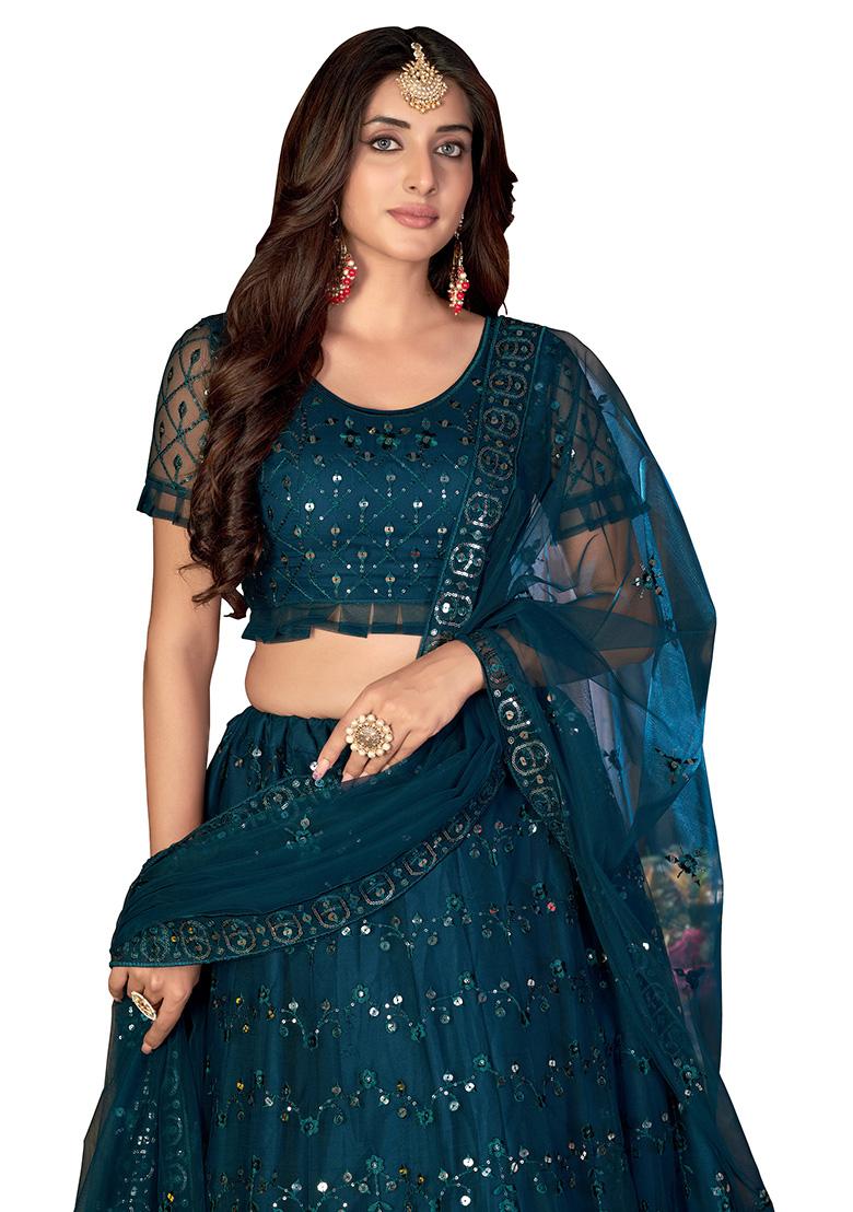 Teal Blue Embroidery Net Lehenga Set - Indya