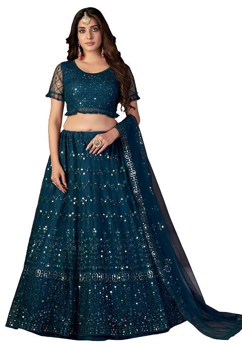Teal Blue Embroidery Net Lehenga Set
