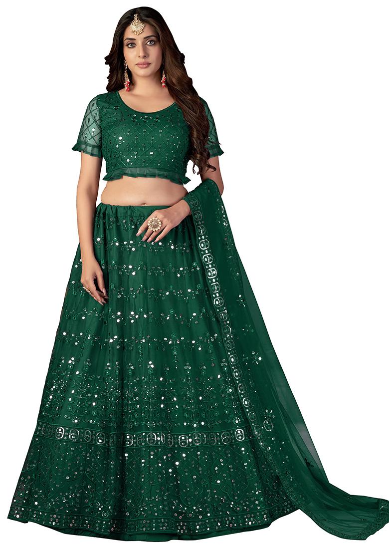 Green Embroidery Net Lehenga Set - Indya