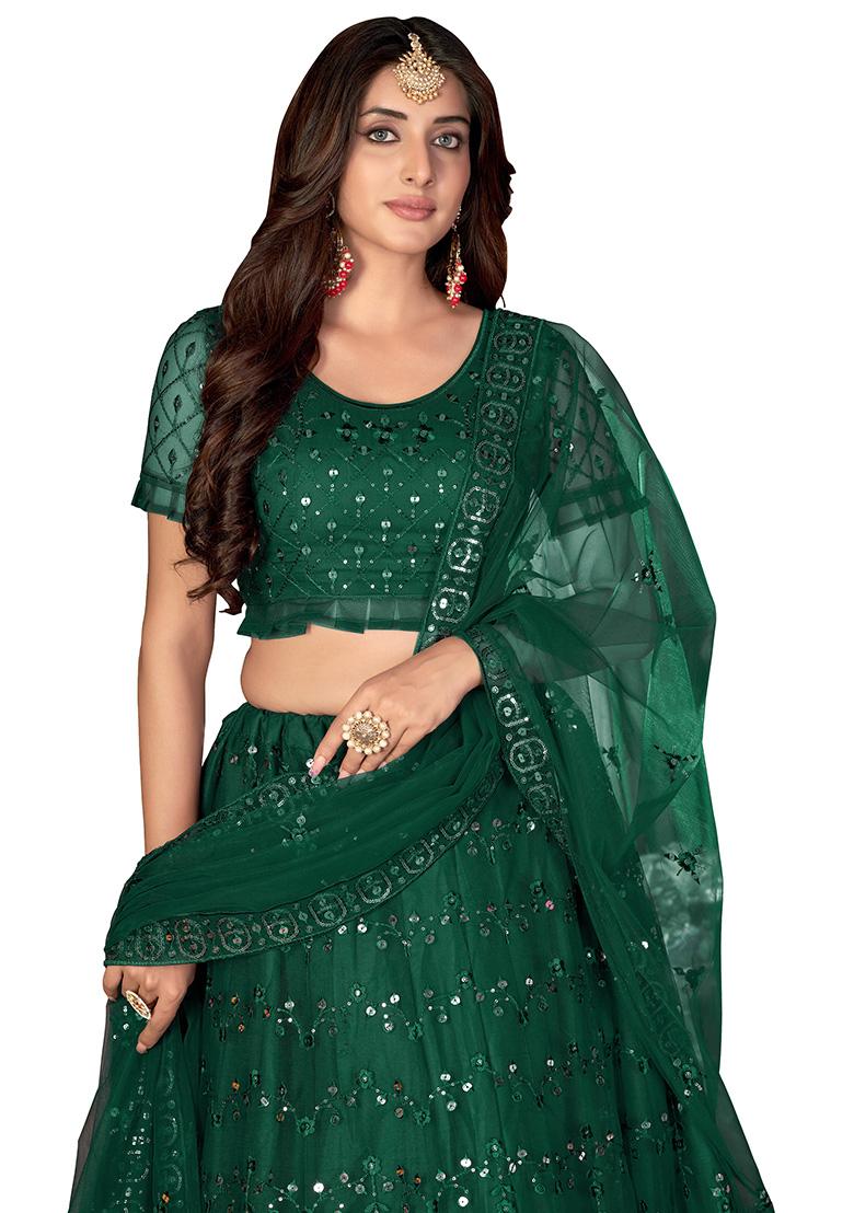 Green Embroidery Net Lehenga Set - Indya