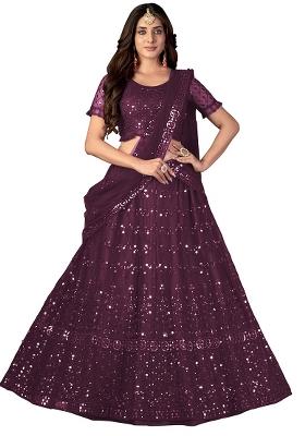 Wine Embroidery Net Lehenga Set