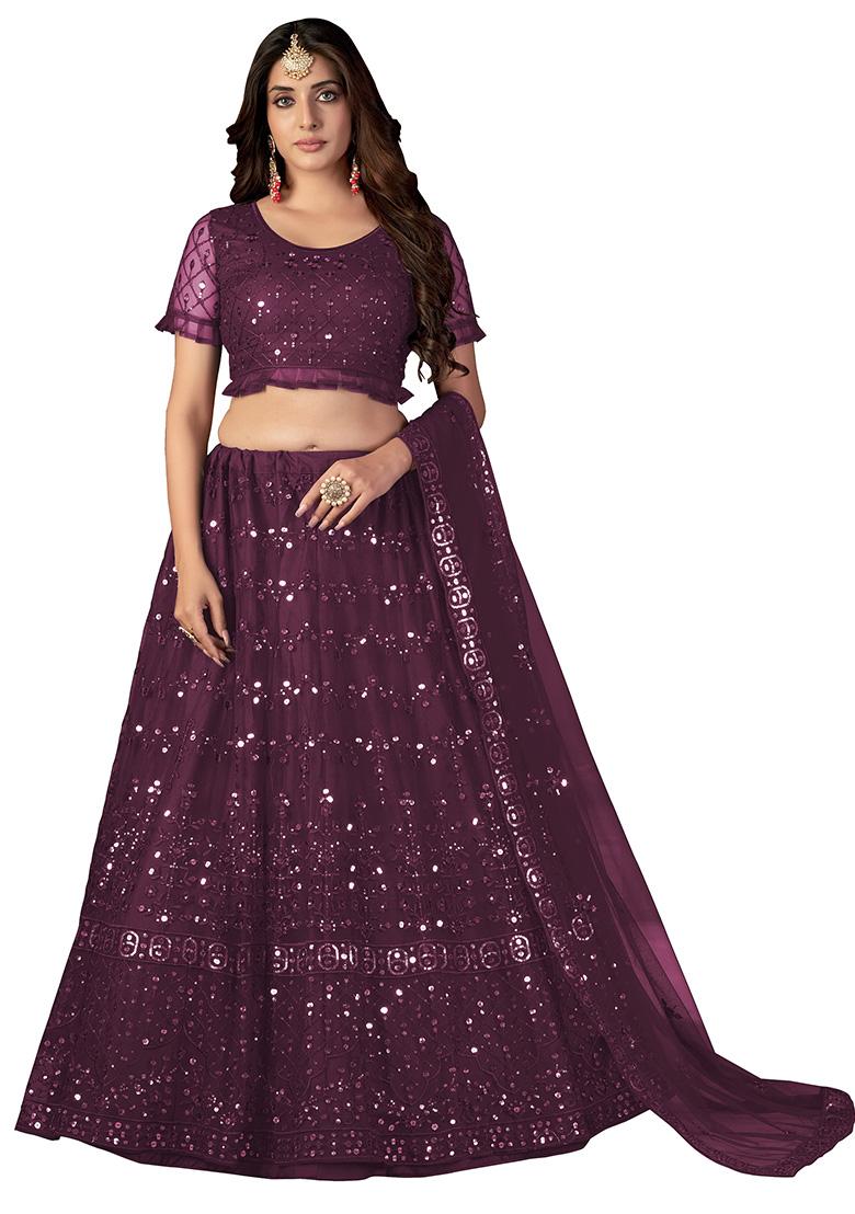 Wine Embroidery Net Lehenga Set - Indya