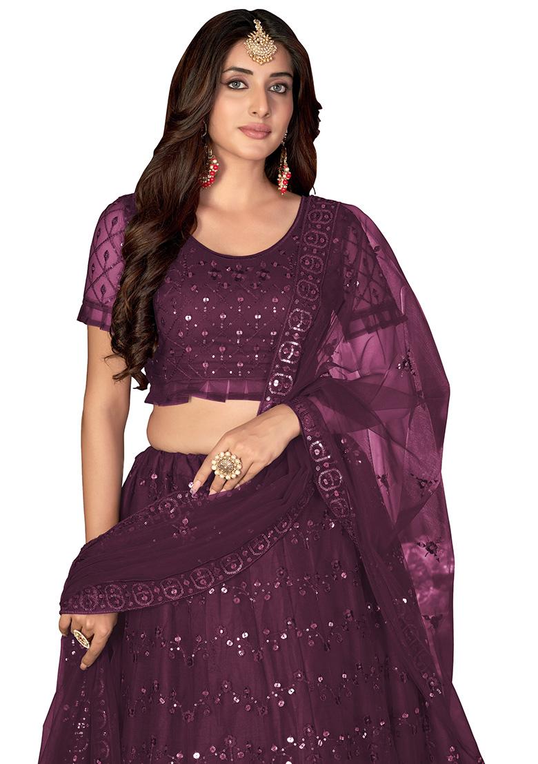 Wine Embroidery Net Lehenga Set - Indya