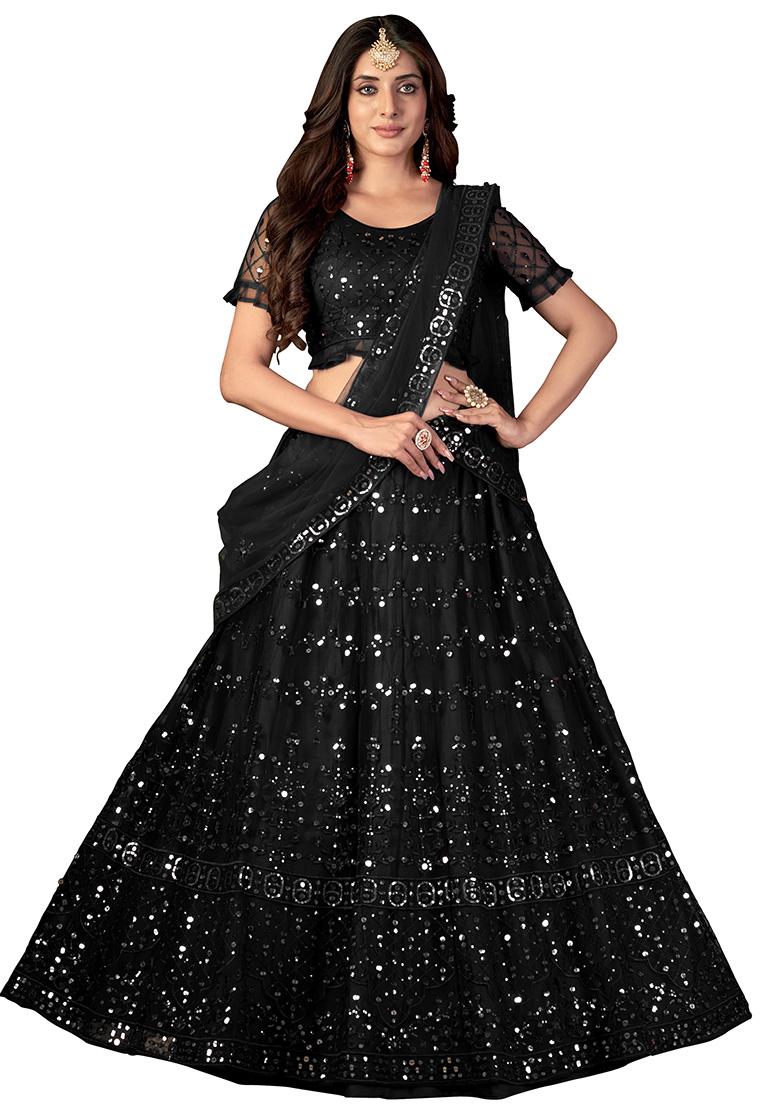 Black Embroidery Net Lehenga Set - Indya