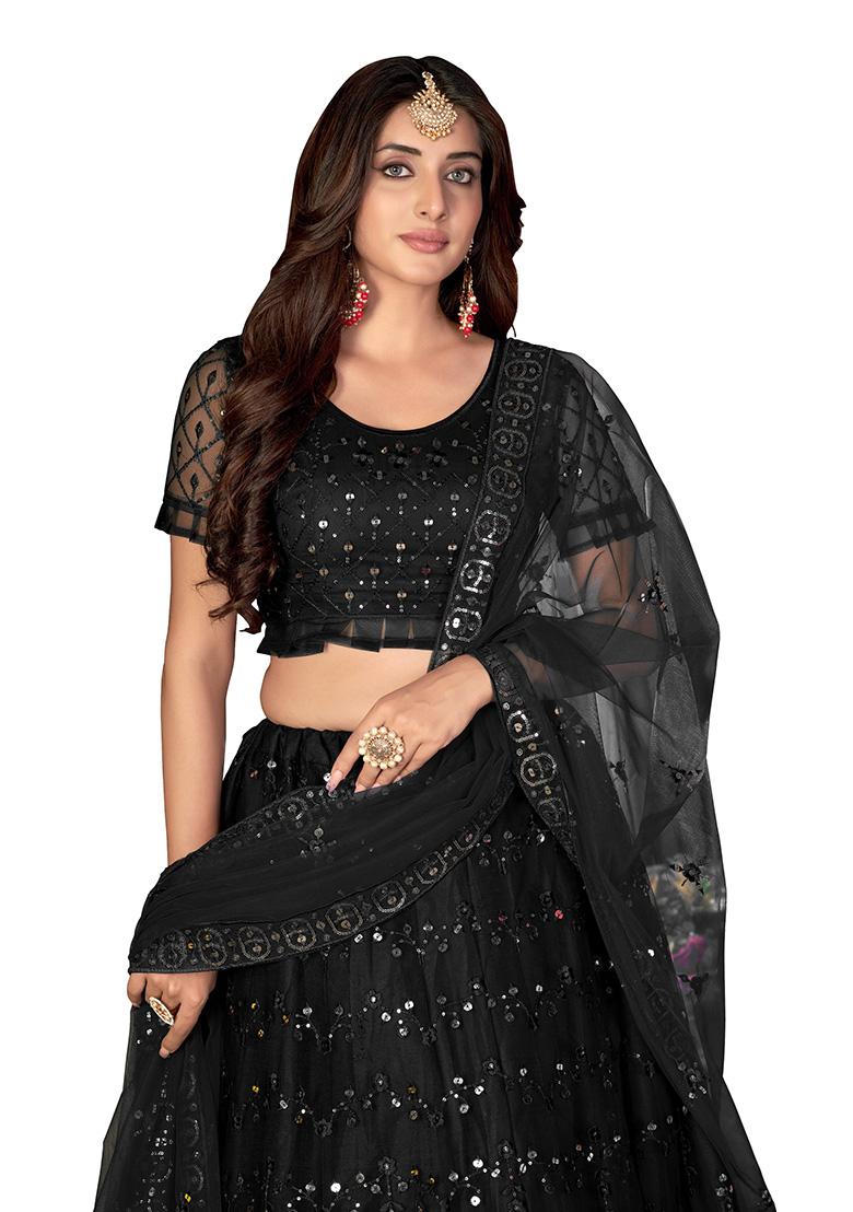 Black Embroidery Net Lehenga Set - Indya