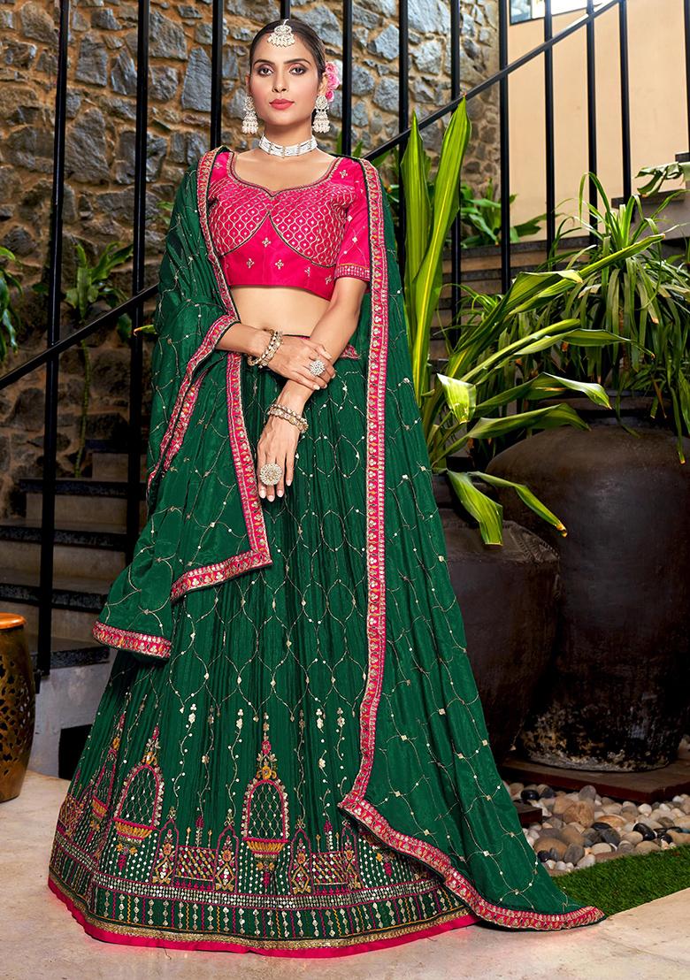 Green Embroidery Chinon Lehenga Set - Indya