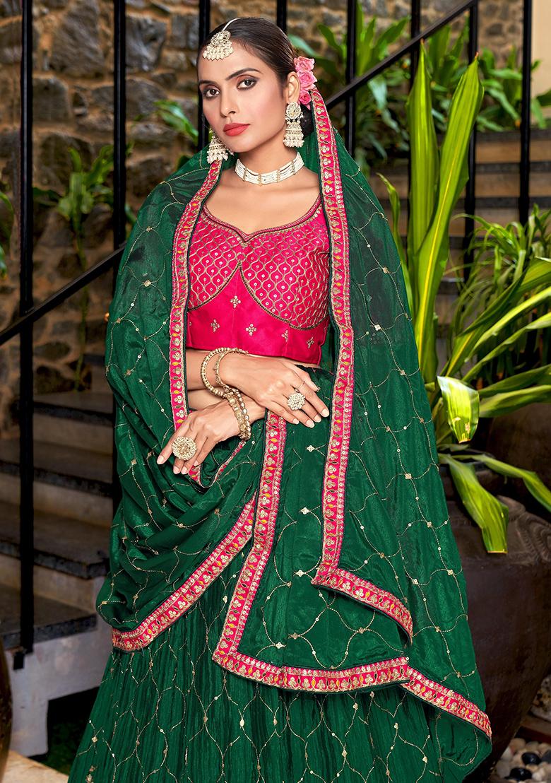 Green Embroidery Chinon Lehenga Set - Indya