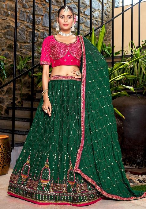 Green Embroidery Chinon Lehenga Set