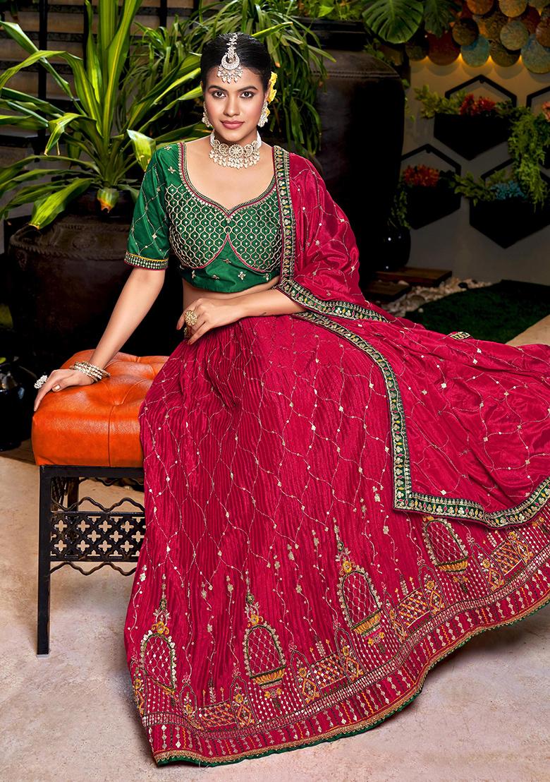 Red Embroidery Chinon Lehenga Set - Indya