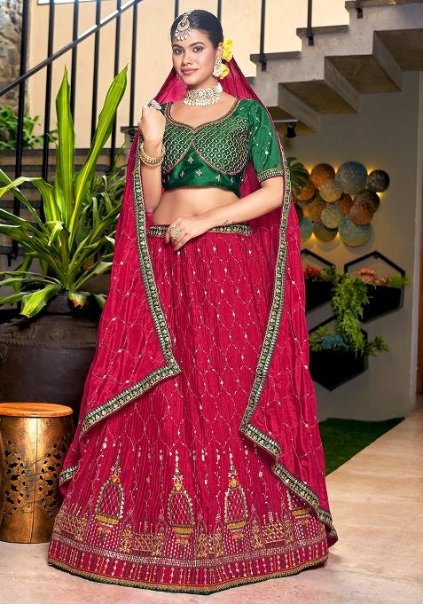 Red Embroidery Chinon Lehenga Set