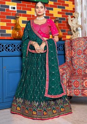 Teal Embroidery Chinon Lehenga Set
