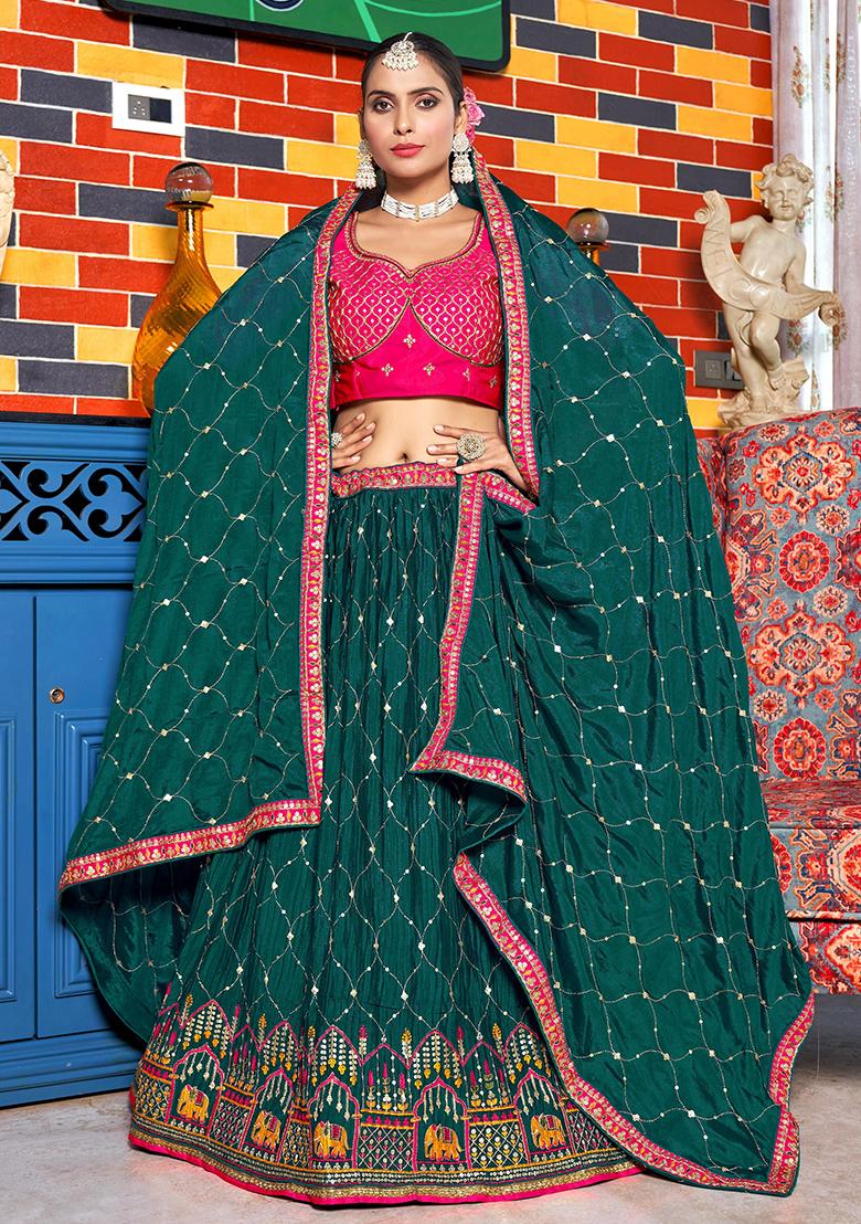 Teal Embroidery Chinon Lehenga Set - Indya