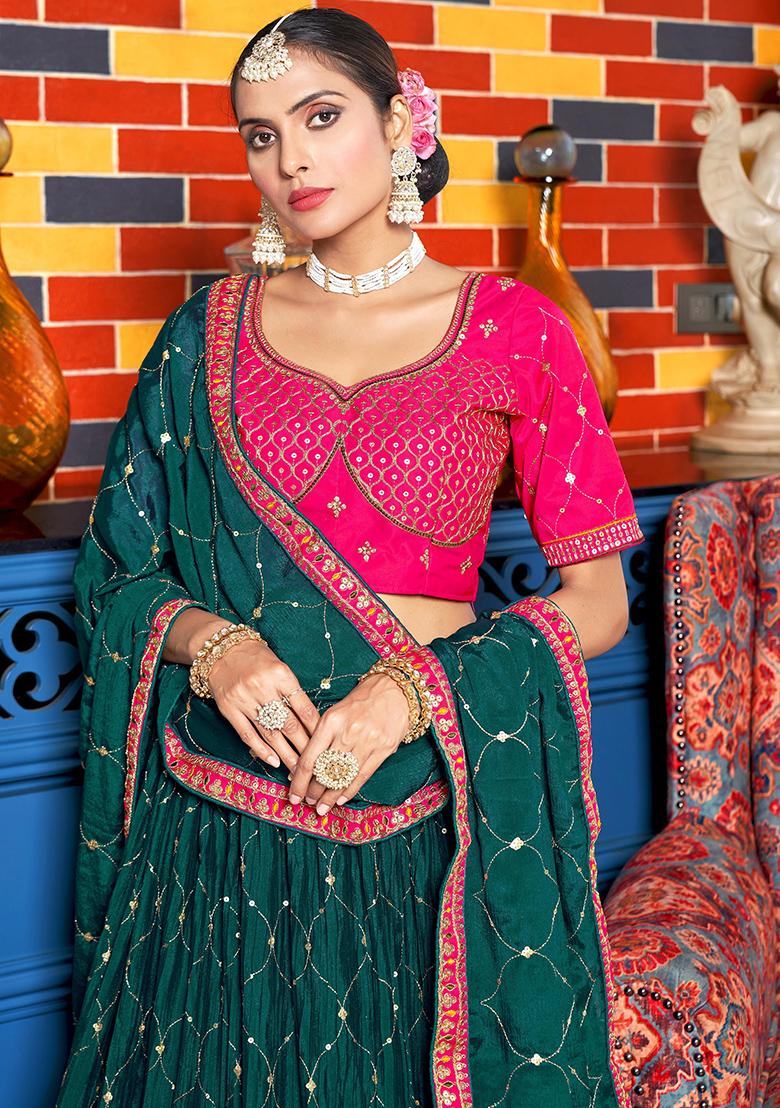 Teal Embroidery Chinon Lehenga Set - Indya