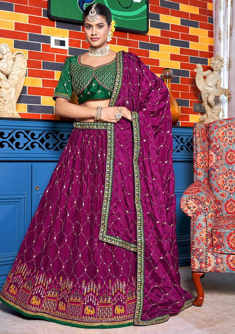 Wine Embroidery Chinon Lehenga Set - Indya