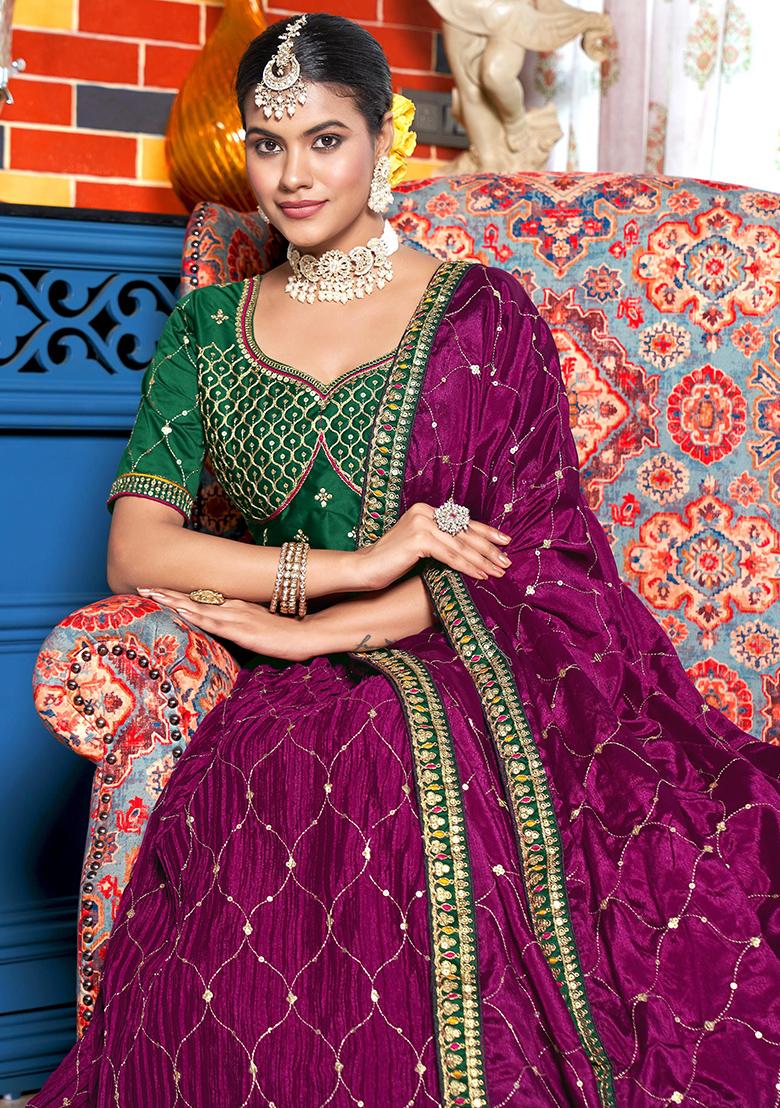 Wine Embroidery Chinon Lehenga Set - Indya