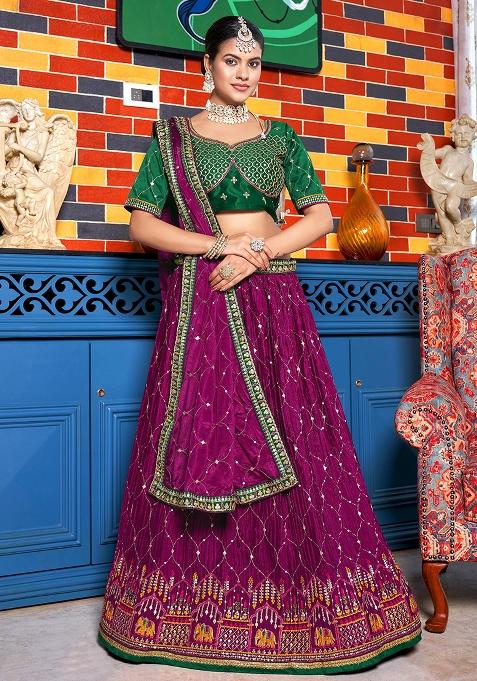 Wine Embroidery Chinon Lehenga Set