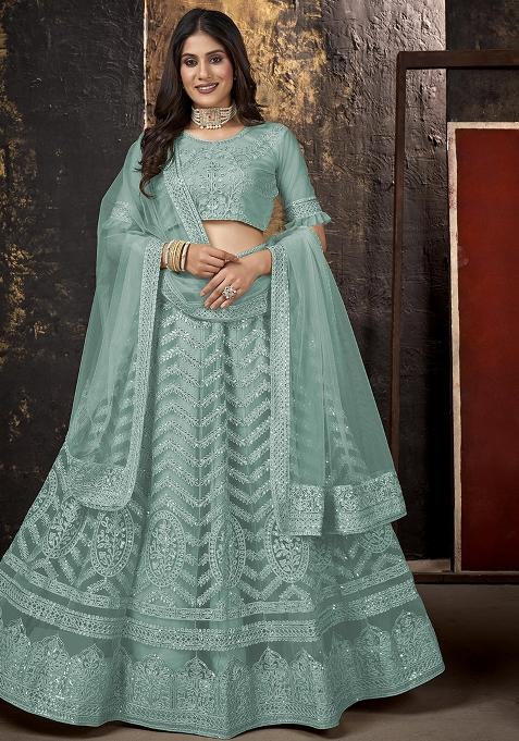 See Green Embroidery Net Lehenga Set