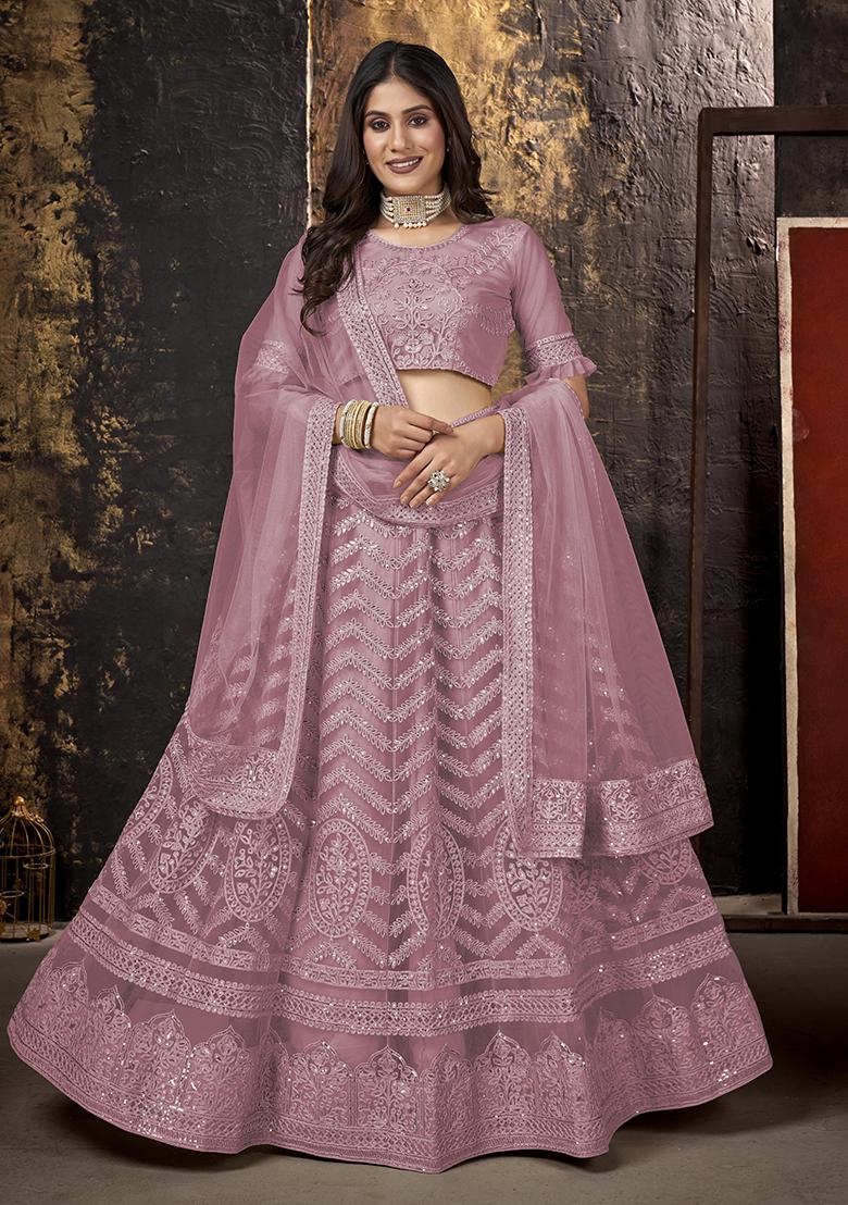 Dusty Rose Embroidery Net Lehenga Set - Indya