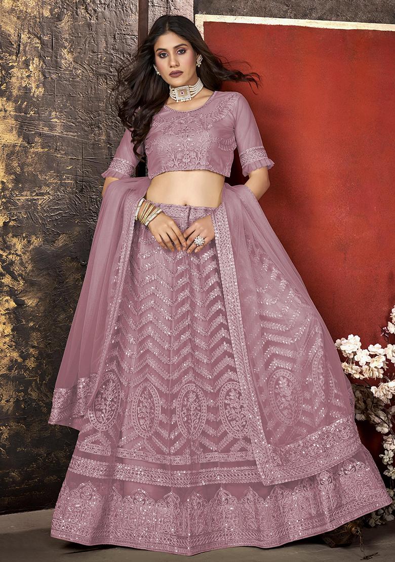 Dusty Rose Embroidery Net Lehenga Set - Indya