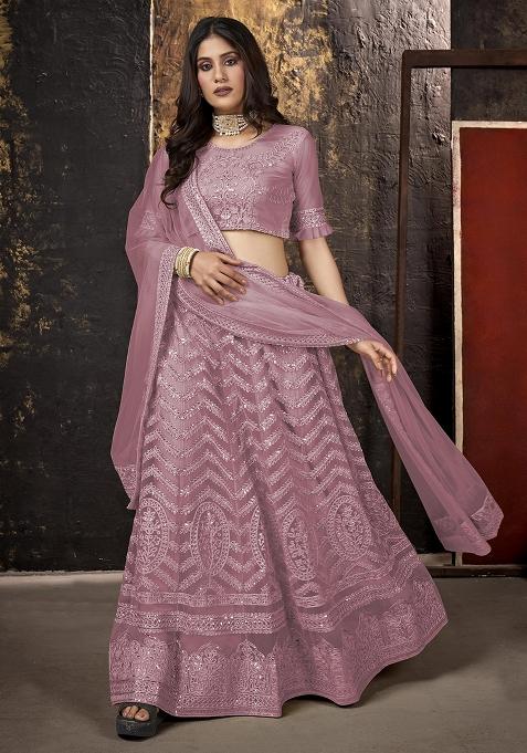 Dusty Rose Embroidery Net Lehenga Set