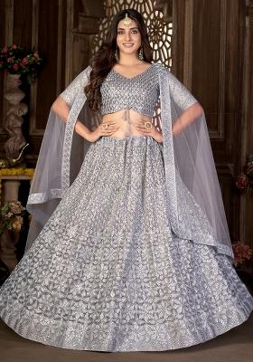Grey Embroidery Net Lehenga Set