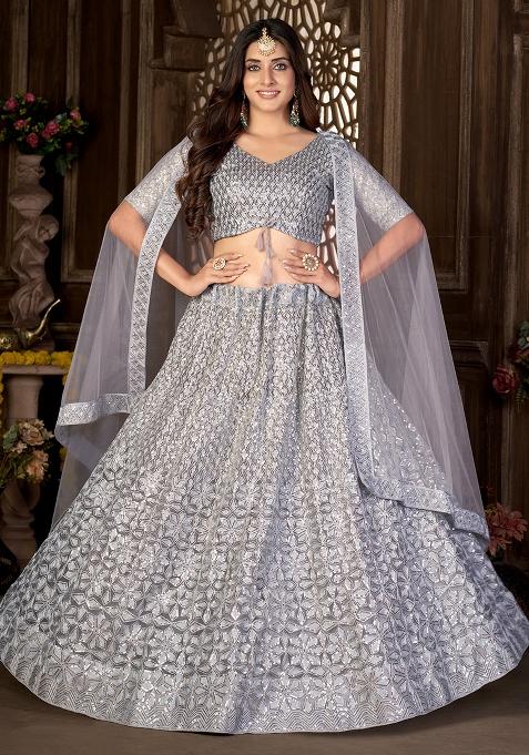 Grey Embroidery Net Lehenga Set