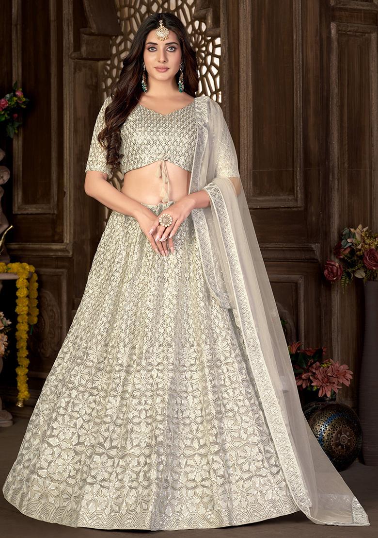 Cream Embroidery Net Lehenga Set - Indya