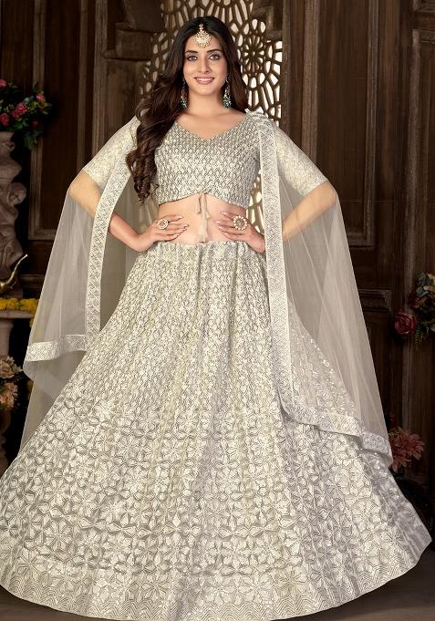 Cream Embroidery Net Lehenga Set