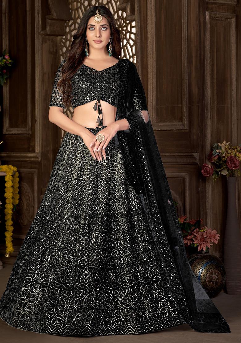 Black Embroidery Net Lehenga Set - Indya